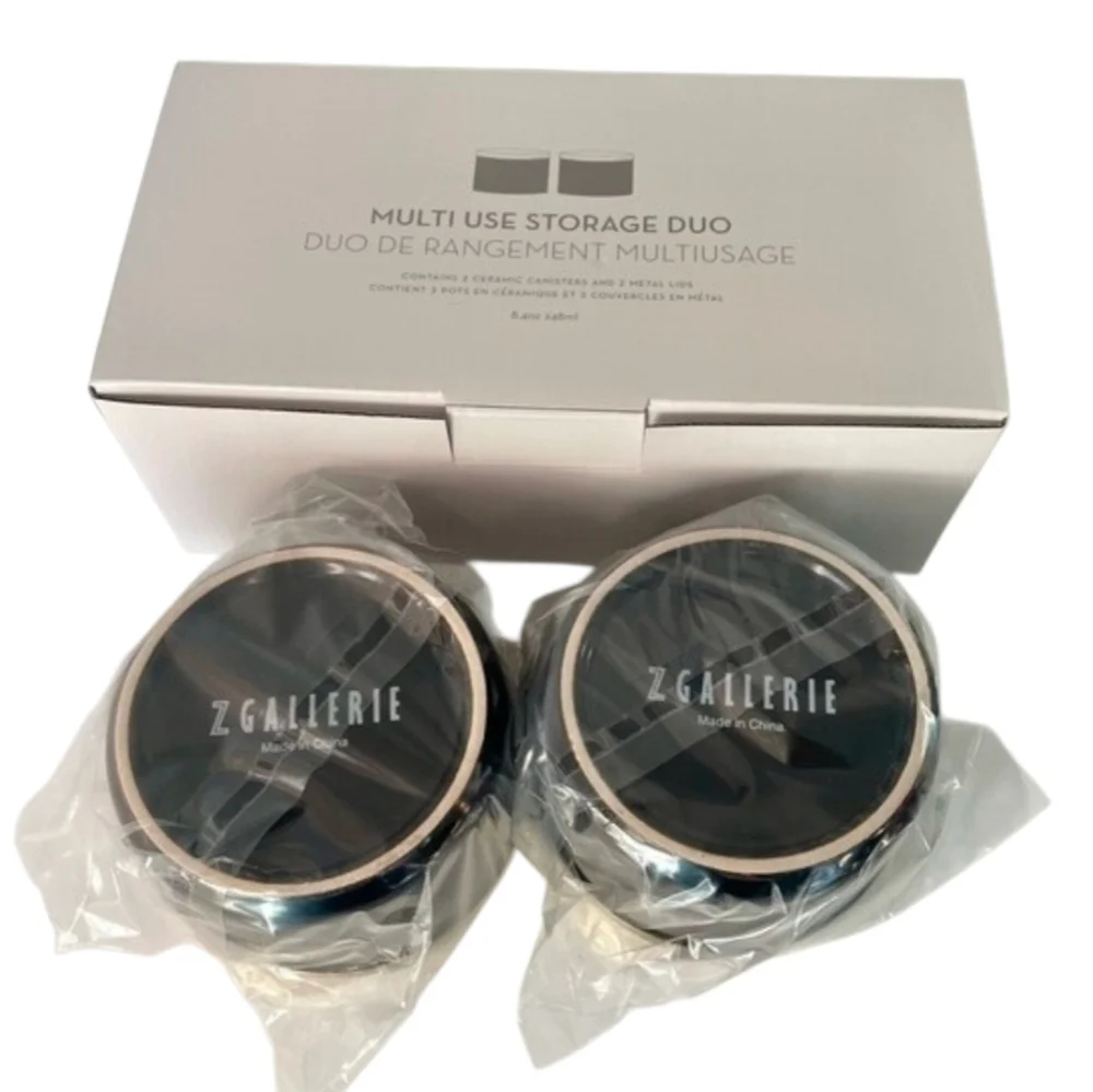 Z Gallerie‎ Multi Use Storage Duo Ceramic Canisters with Gold Metal Lids NIB